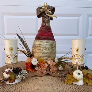 Decorated Gourd,Two handcrafted Candle holders, Centerpiece Flowers arrangement.